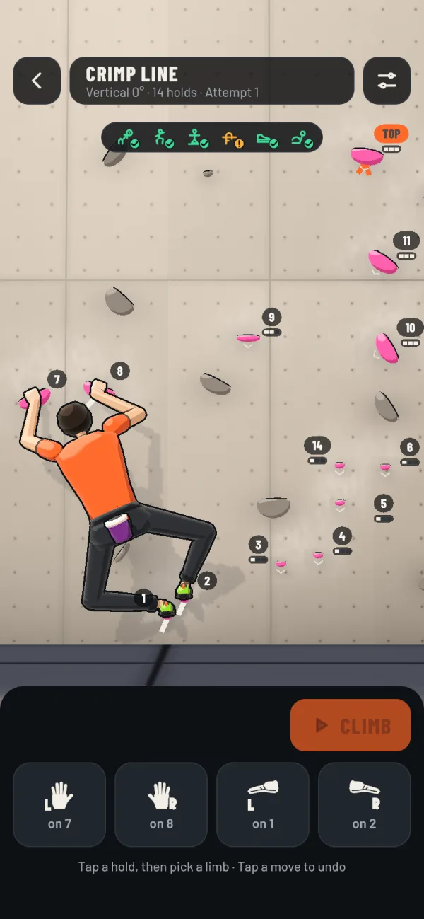 In-game screenshot: a vertical wall with pink crimps and foot chips on plywood panels with a T-nut grid, the finish marked with an orange TOP tag.
