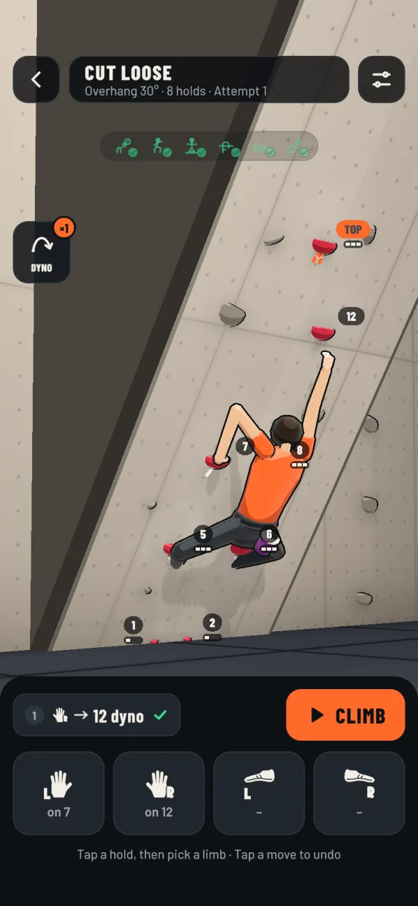 In-game screenshot: the climber launches a dyno on a 30 degree overhang, the move queued as 'right hand to 12, dyno'.