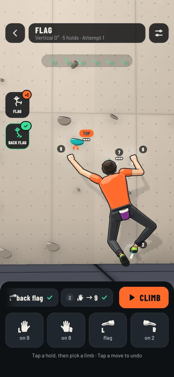 In-game screenshot: planning a back flag. The move queue shows 'back flag' then 'left hand to 9', with the Climb button ready.