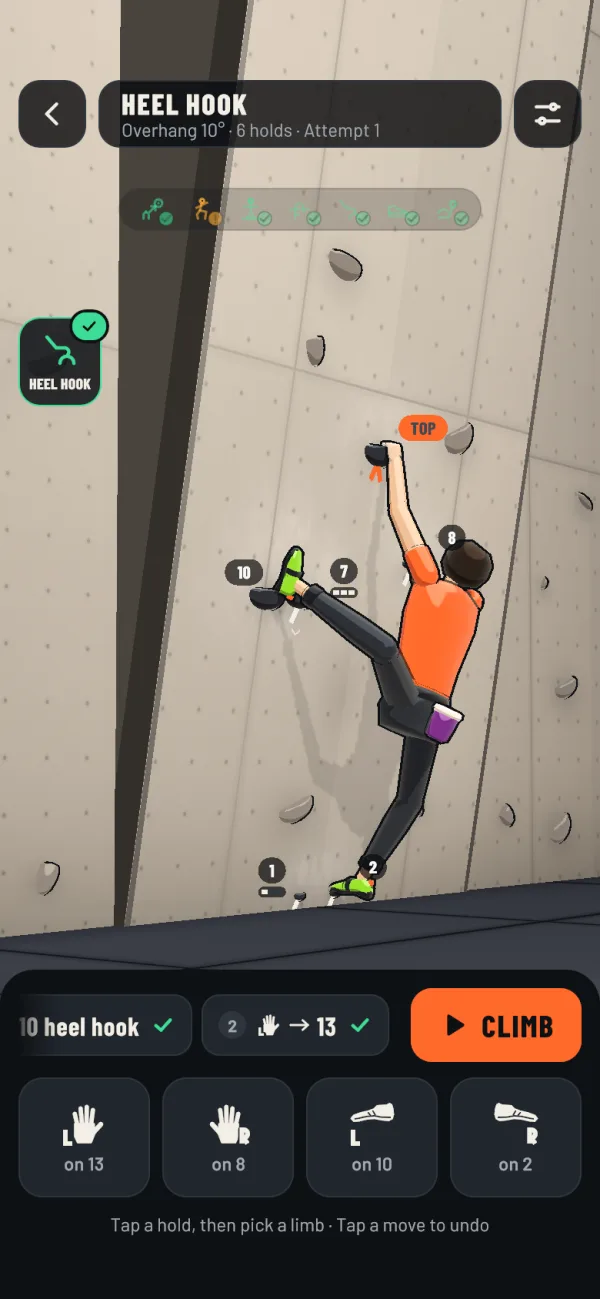 In-game screenshot: the climber heel hooks hold 10 on a 10 degree overhang and reaches for the top.