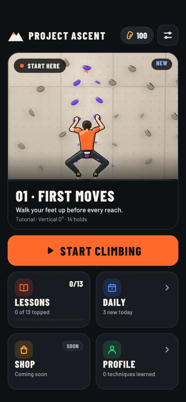In-game screenshot: the Home screen with the climber on the wall, a Start Climbing button, and tiles for Lessons, Daily, Shop and Profile.