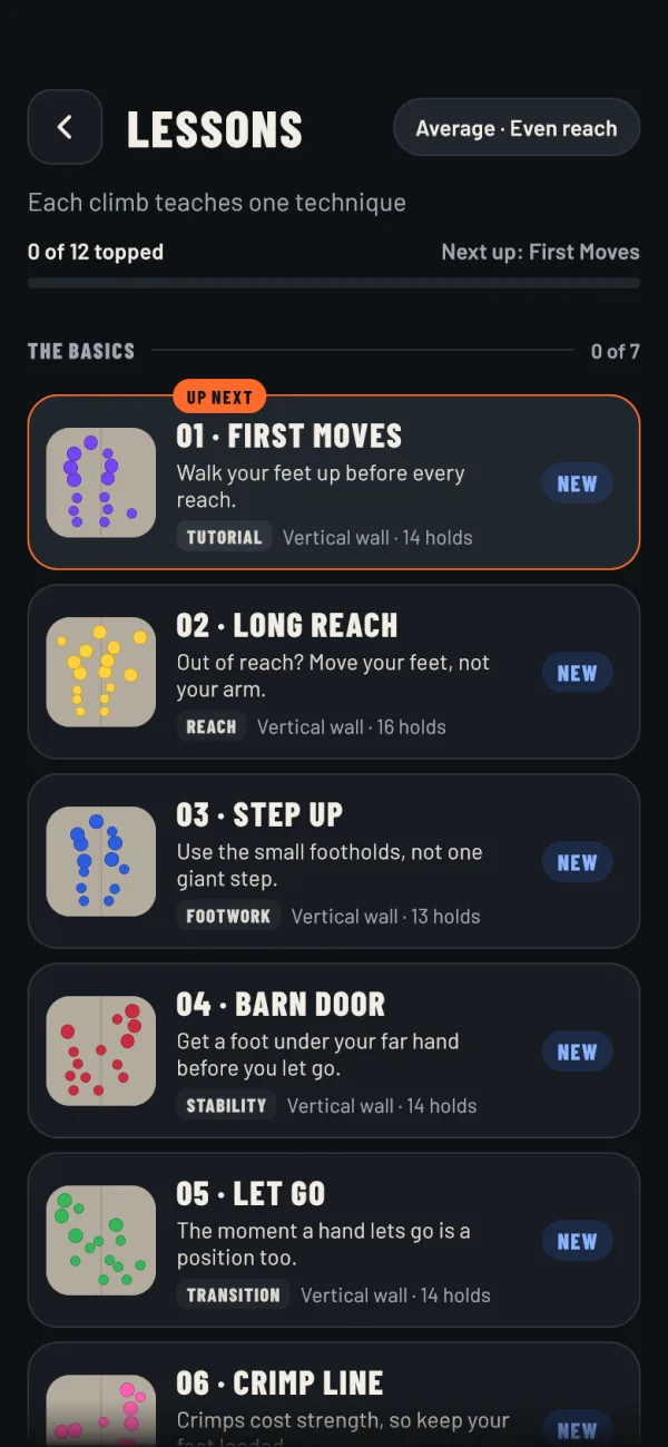 In-game screenshot: the Lessons list. 01 First Moves, 02 Long Reach, 03 Step Up, 04 Barn Door, 05 Let Go, each teaching one idea.