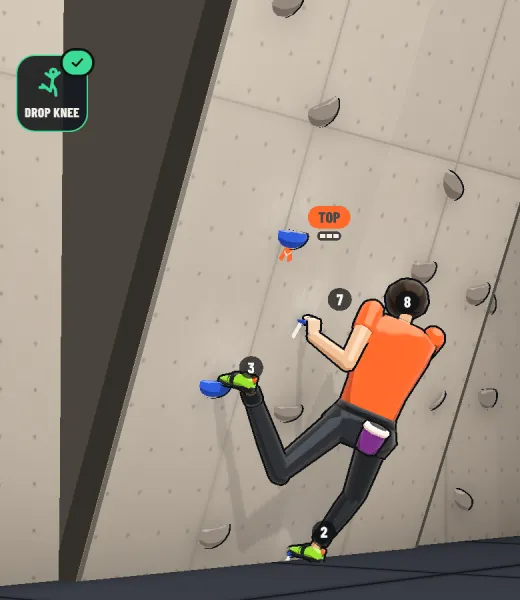 The climber drops the left knee on an overhang, turning the hip into the wall.