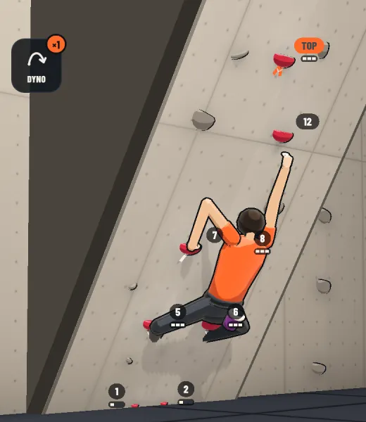 The climber in flight during a dyno toward a high hold.
