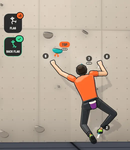 The climber back-flags with the left leg to keep the hips in balance while reaching.