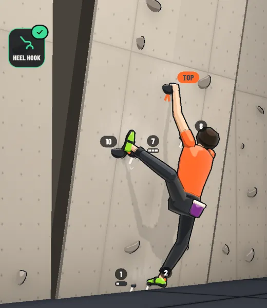 The climber heel hooks a hold at hip height on an overhang.